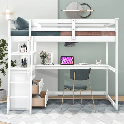 Full Size Loft Bed With Desk, Shelf And Two Built-in Drawers - ModernLuxe 1 Full Size Loft Bed With Desk, Shelf And Two Built-in Drawers - ModernLuxe