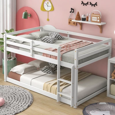 Twin Over Twin Floor Bunk Bed With Ladder And Safety Guardrail-ModernLuxe 2 Twin Over Twin Floor Bunk Bed With Ladder And Safety Guardrail-ModernLuxe - Image 2