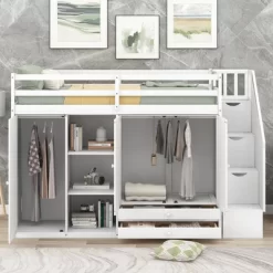 Functional Twin Loft Bed With 3 Shelves, 2 Wardrobes, 2 Drawers And Ladder With Storage-ModernLuxe