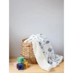 Lila And Jack Baby Blanket Blue Rocket Printed Mink With Natural Sherpa Backing Kids' Throw
