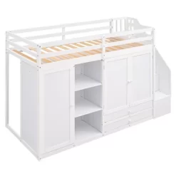 Functional Twin Loft Bed With 3 Shelves, 2 Wardrobes, 2 Drawers And Ladder With Storage-ModernLuxe -Children Peripherals GUEST 450cda3a fd1b 4443 9cd7 c809f87318f4
