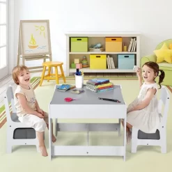 Costway Kids Table Chairs Set With Storage Boxes Blackboard Whiteboard Drawing GreyNature -Children Peripherals GUEST 4aa7145d cfbf 4a0b 988e beda2a38d80d