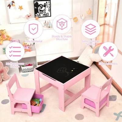 Costway 3 In 1 Kids Wood Table Chairs Set W/ Storage Box Blackboard Drawing Pink 5 Costway 3 In 1 Kids Wood Table Chairs Set W/ Storage Box Blackboard Drawing Pink - Image 5