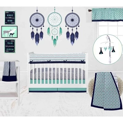 Bacati - Noah Mint Navy 10 Pc Crib Bedding Set With Long Rail Guard Cover 1 Bacati - Noah Mint Navy 10 Pc Crib Bedding Set With Long Rail Guard Cover