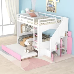 Full Over Full Bunk Bed With Trundle, Stairs, Ladders And Storage Cabinet-ModernLuxe -Children Peripherals GUEST 57c9e4d4 d968 4114 a59c f203690502ec