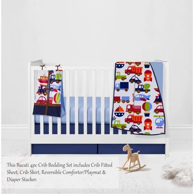 Bacati - Transportation Blue Navy Green Red Orange 4 Pc Crib Bedding Set With Diaper Caddy 2 Bacati - Transportation Blue Navy Green Red Orange 4 Pc Crib Bedding Set With Diaper Caddy - Image 2
