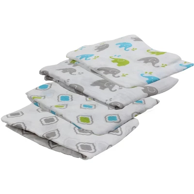 Bacati - Elephants Aqua/Lime/Gray Muslin Swaddling Blankets Set Of 4 3 Bacati - Elephants Aqua/Lime/Gray Muslin Swaddling Blankets Set Of 4 - Image 3