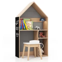 Costway Kids House-Shaped Table & Chair Set Wooden Toy Organizer Cabinet With Blackboard Grey/White -Children Peripherals GUEST 8904a9cc 86f8 4d13 9bbe 86b48c84549d