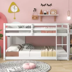 Twin Over Twin Floor Bunk Bed With Ladder And Safety Guardrail-ModernLuxe