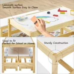 MUSEHOMEINC Solid Wood 3 In 1 Kids Toddlers Activity Play Arts And Crafts Table And Bench Chair Set With Whiteboard Surface For Playroom And School -Children Peripherals GUEST a3891ce4 cfa5 4b41 8a65 8d06d74902eb