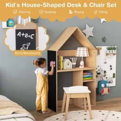 Costway Kids House-Shaped Table & Chair Set Wooden Toy Organizer Cabinet With Blackboard Grey/White -Children Peripherals GUEST a7683240 6b81 47d5 b72c 77b86677c9d0