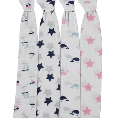 Bacati - Little Sailor Blue/Navy/Pink Girls Muslin Swaddling Blankets Set Of 4 2 Bacati - Little Sailor Blue/Navy/Pink Girls Muslin Swaddling Blankets Set Of 4 - Image 2