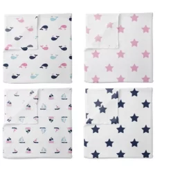 Bacati - Little Sailor Blue/Navy/Pink Girls Muslin Swaddling Blankets Set Of 4