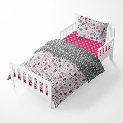 Bacati - Owls In The Woods Pink Fuschia Gray 4 Pc Toddler Bedding Set 2 Bacati - Owls In The Woods Pink Fuschia Gray 4 Pc Toddler Bedding Set - Image 2