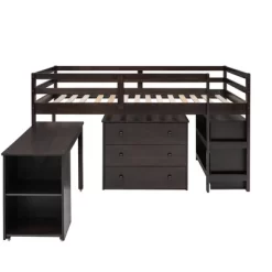 Low Twin Loft Bed With Cabinet And Rolling Portable Desk - ModernLuxe