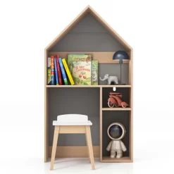 Costway Kids House-Shaped Table & Chair Set Wooden Toy Organizer Cabinet With Blackboard Grey/White -Children Peripherals GUEST f36a4bce aa6f 444f a6b9 7751161ead78