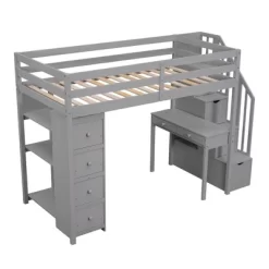Twin Size Wooden Loft Bed With Storage Drawers, Desk And Shelves - ModernLuxe -Children Peripherals GUEST f5ae59eb d94d 4c72 9cb3 4da7fc7507bf