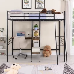 Twin Size Metal Loft Bed With Built-in Desk And Shelves - ModernLuxe