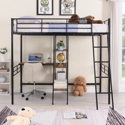 Twin Size Metal Loft Bed With Built-in Desk And Shelves - ModernLuxe 1 Twin Size Metal Loft Bed With Built-in Desk And Shelves - ModernLuxe