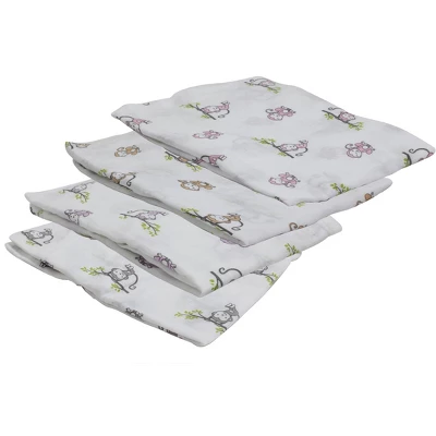 Bacati - Happy Monkeys Pink/Lilac/Gray Girls Muslin Swaddling Blankets Set Of 4 3 Bacati - Happy Monkeys Pink/Lilac/Gray Girls Muslin Swaddling Blankets Set Of 4 - Image 3